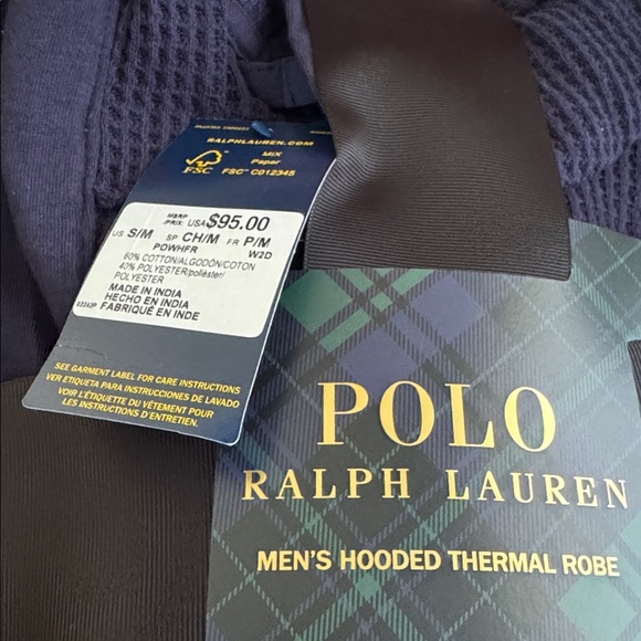 Polo Ralph Lauren Mens Thermal Hooded Robe Navy Size S/M Waffle Knit Print NWT - Picture 5 of 7